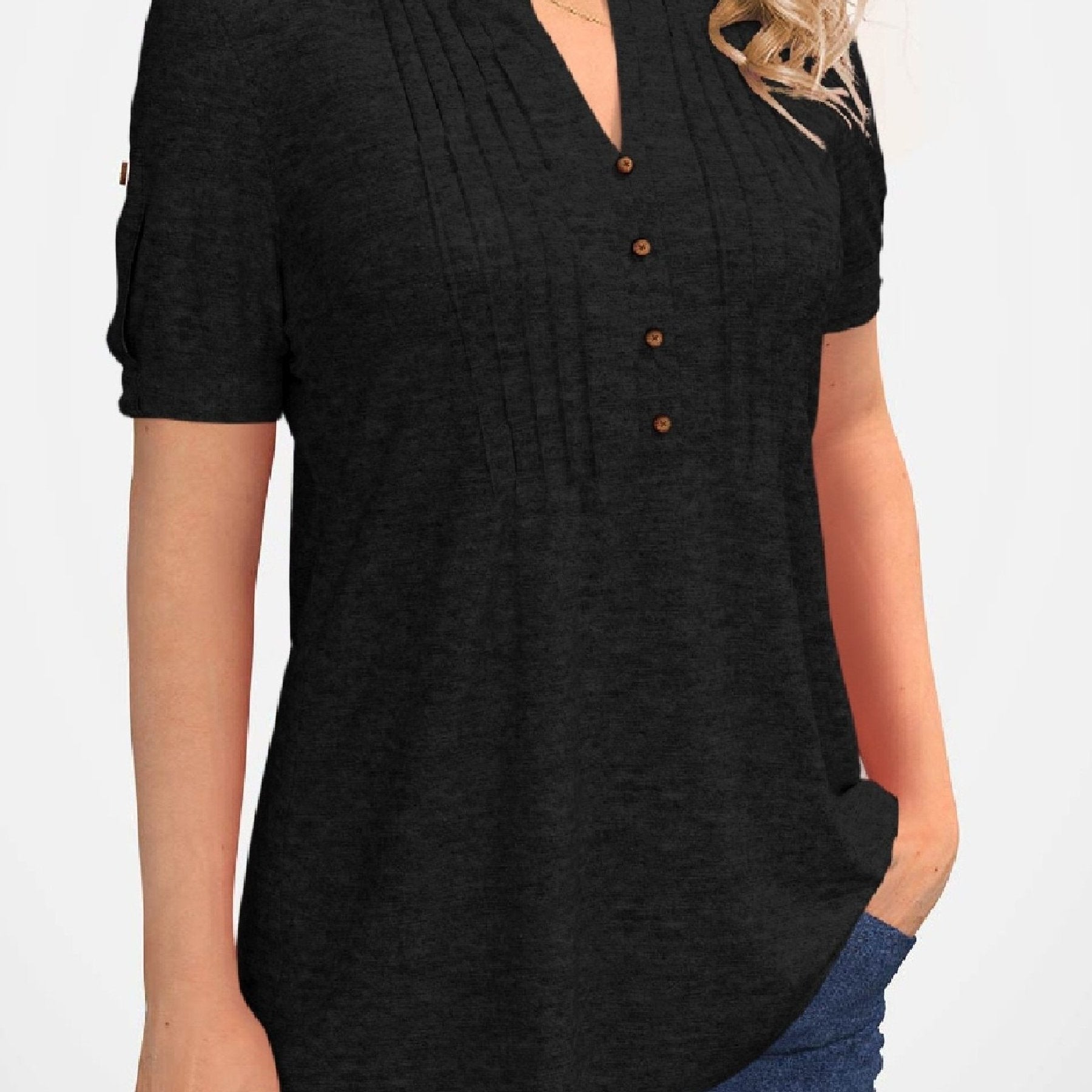 「lovevop」Women's T-shirt Casual Crew Neck Solid Pleated Button Short Sleeve Loose Fashion Summer T-shirt