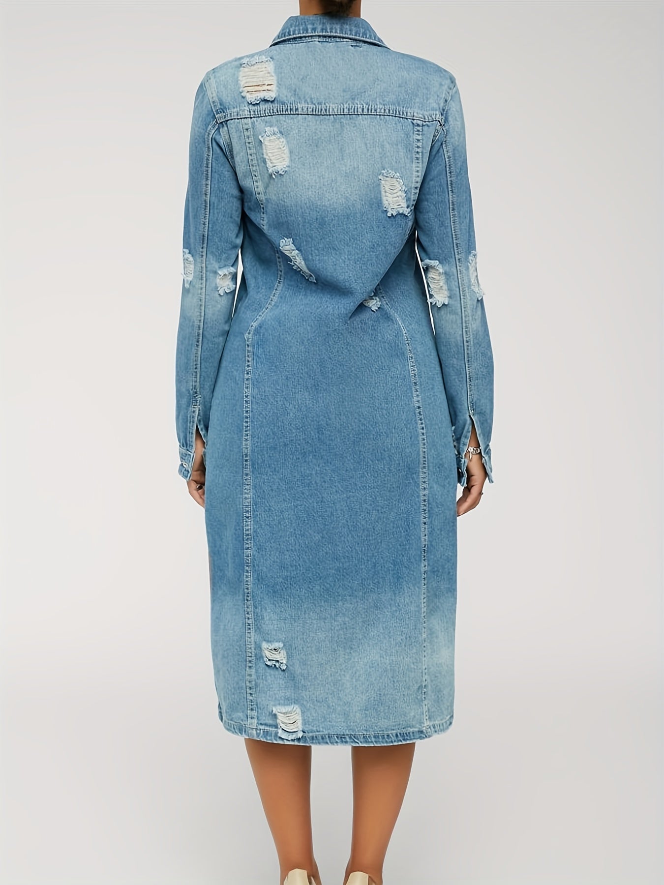 Lovevop-Distressed Front Long Sleeve Flap Pocket Knee Length Washed Blue Denim Dress Denim Jacket Long Coat, Women's Denim Jackets & Coats