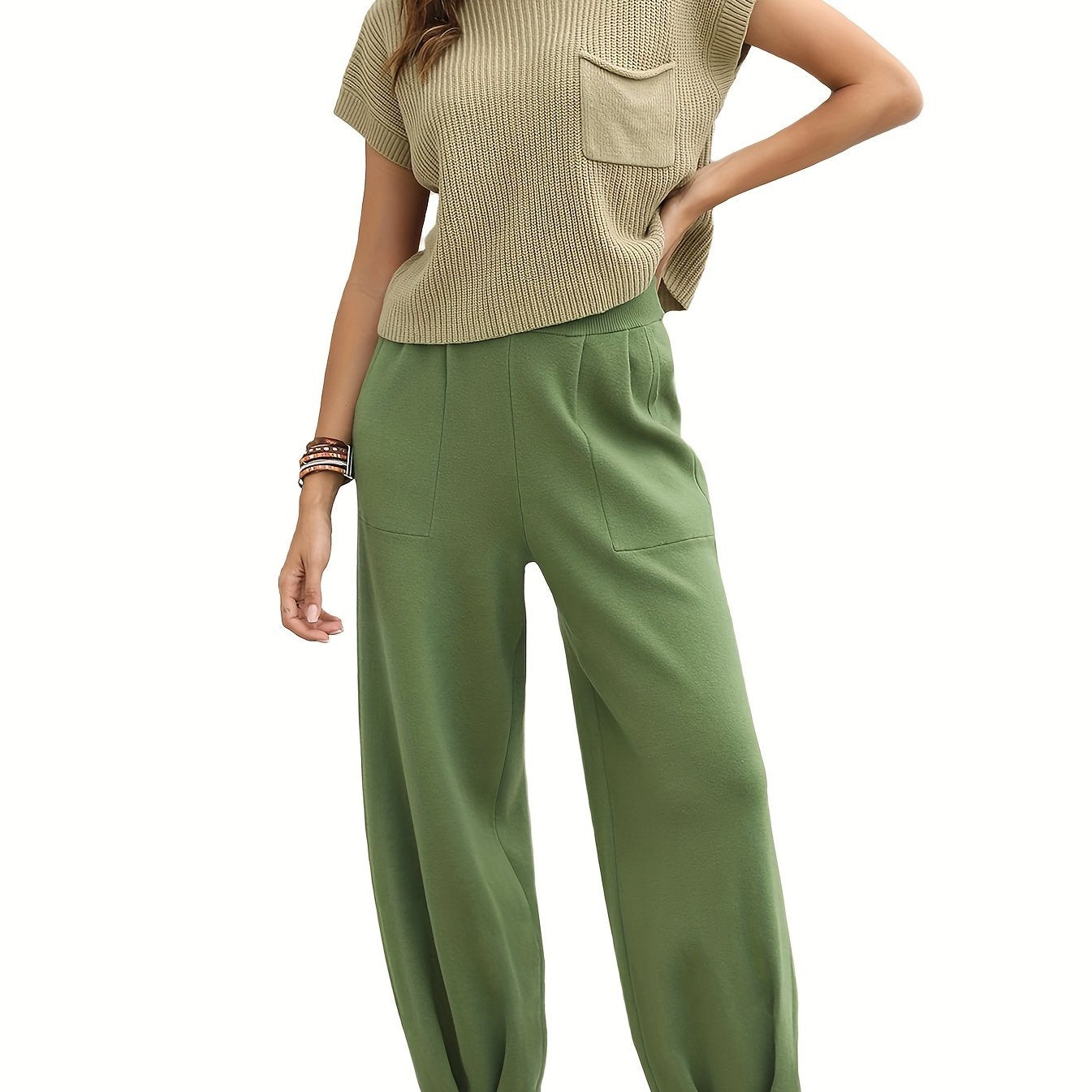 Two-Piece Jogger Pants Set - Soft, Elegant, Short Sleeve Pocket Knit Top & Loose Fit Pants Outfit - Comfortable, Versatile, and Chic Women's Clothing for Everyday Wear