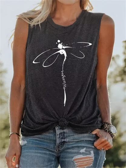 「lovevop」Dragonfly Print Tank Top, Casual Crew Neck Sleeveless Summer Tank Top, Women's Clothing