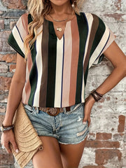 「lovevop」Striped Notched Neck Blouse, Casual Short Sleeve Blouse For Spring & Summer, Women's Clothing