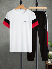 「lovevop」Men's Colorblock Casual T-shirt Outfit Set, 2 Pieces Round Neck Short Sleeve Tees And Drawstring Long Pants