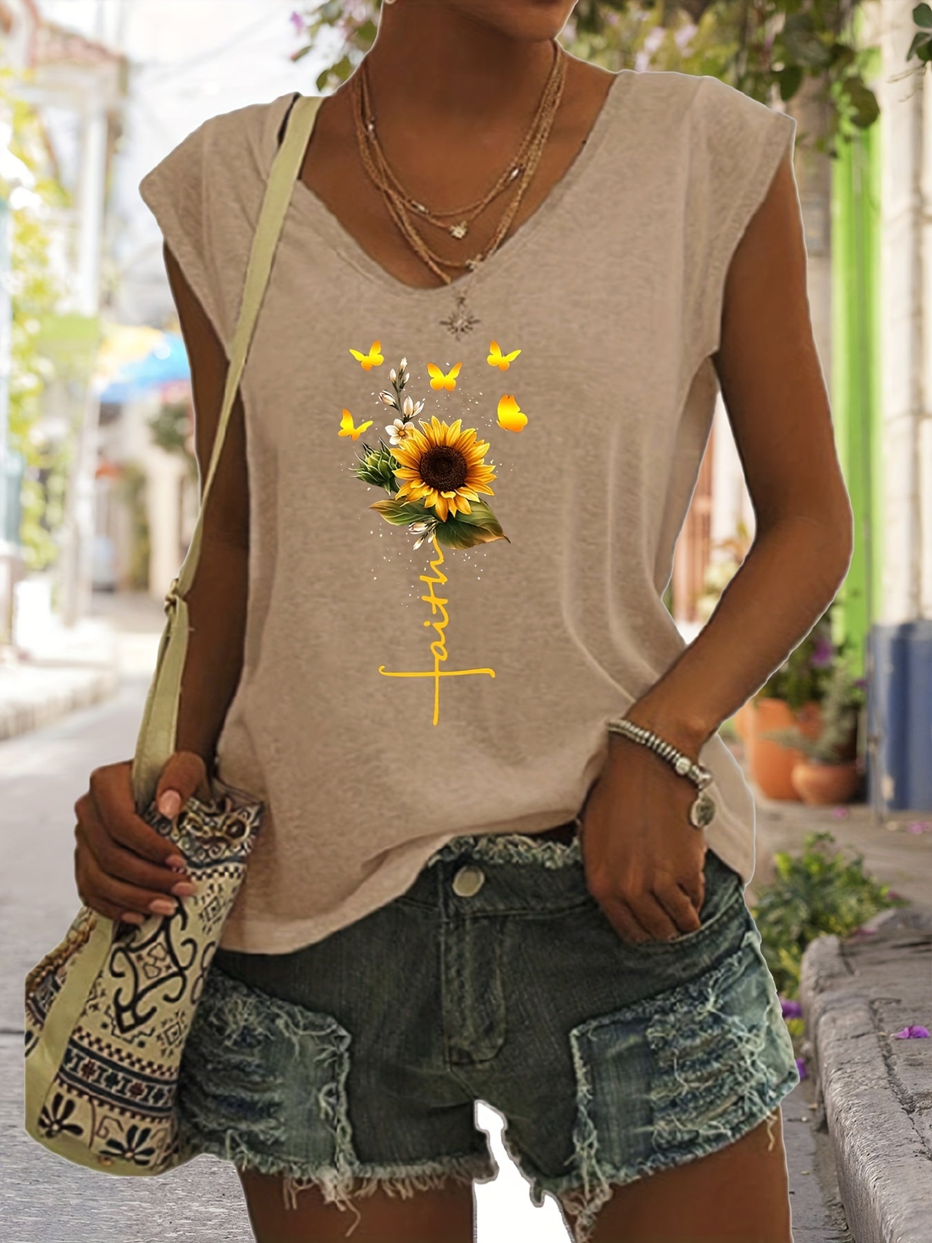 「lovevop」Sunflower Print Tank Top, Sleeveless Casual Top For Spring & Summer, Women's Clothing