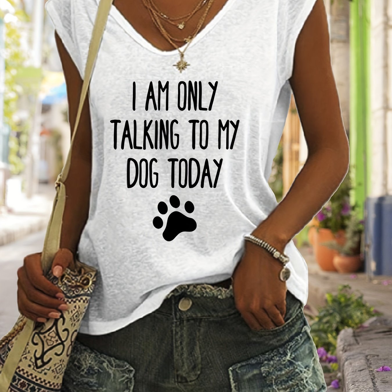 「lovevop」Only Talk To My Dog Print Tank Top, Sleeveless Casual Top For Spring & Summer, Women's Clothing