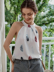 「lovevop」Feather Print Halter Neck Blouse, Elegant Sleeveless Blouse For Summer, Women's Clothing