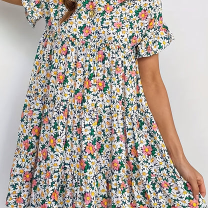 「lovevop」Floral Print Ruffle Dress, Boho Flared Sleeve Round Neck Loose Beach Spring & Summer Vocation Dresses, Women's Clothing