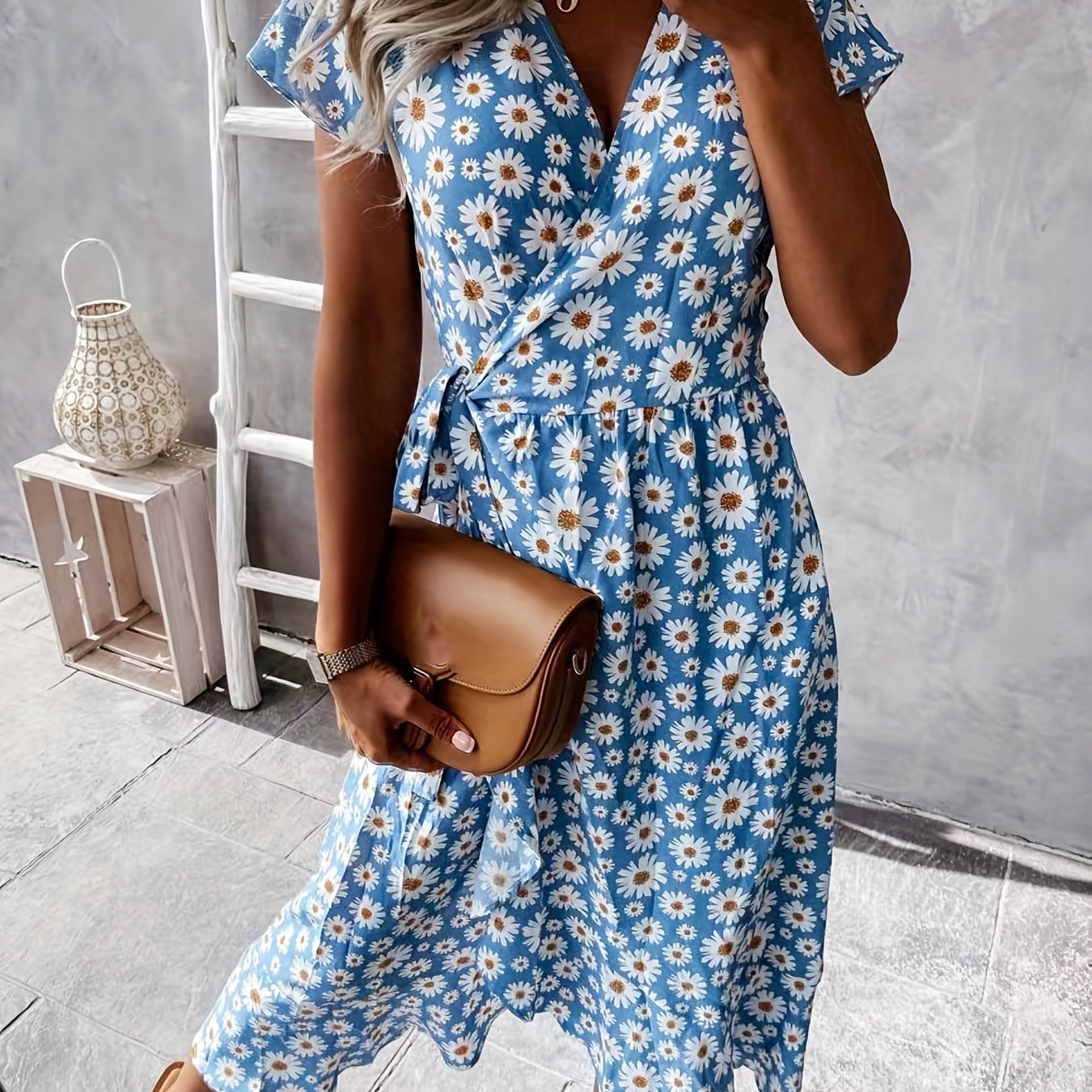 「lovevop」Floral Print Wrap Belted Dress, Elegant V Neck Short Sleeve Dress, Women's Clothing