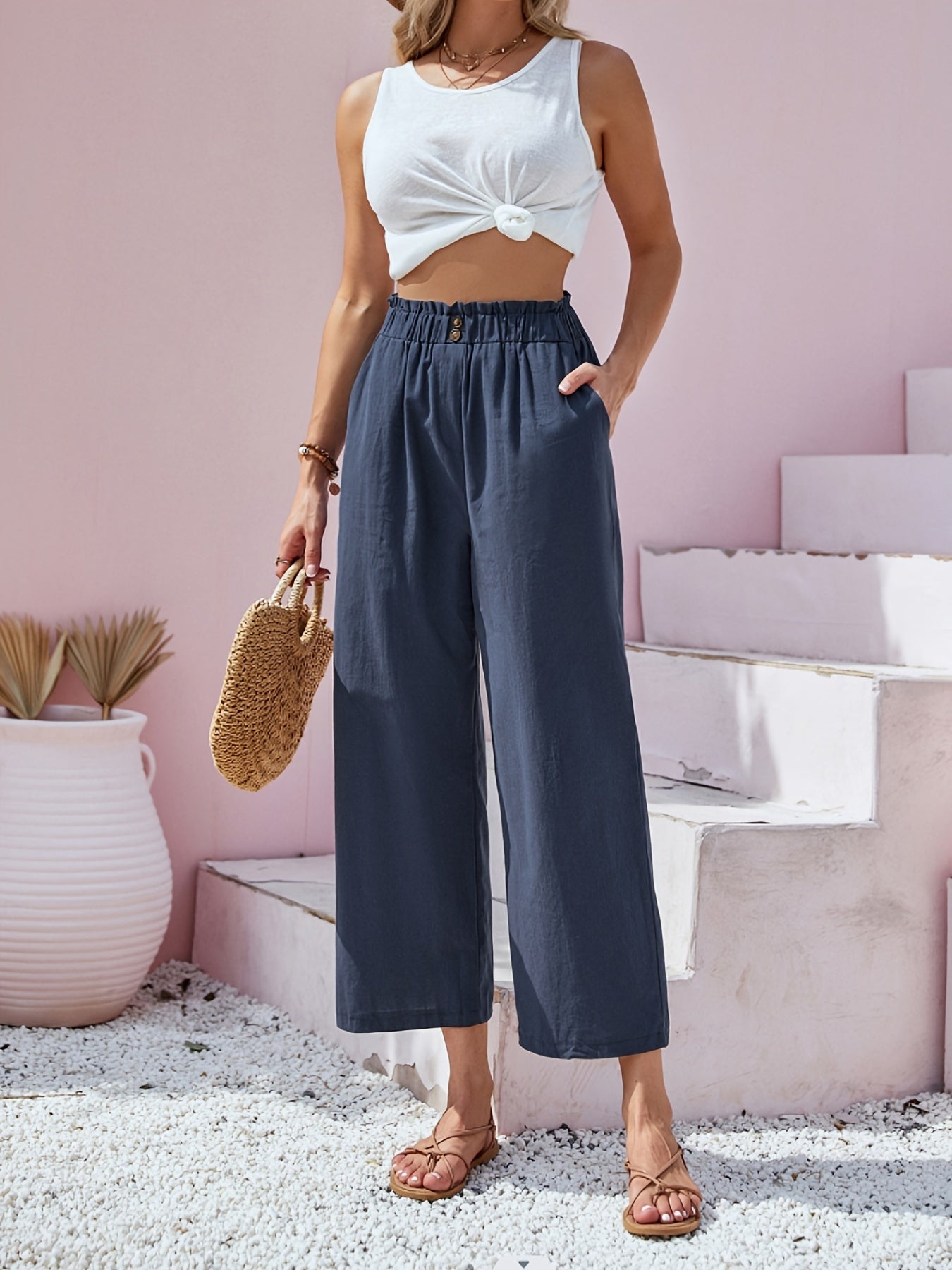 「lovevop」Button Front Wide Leg Pants, Casual Loose Pants For Spring & Summer, Women's Clothing