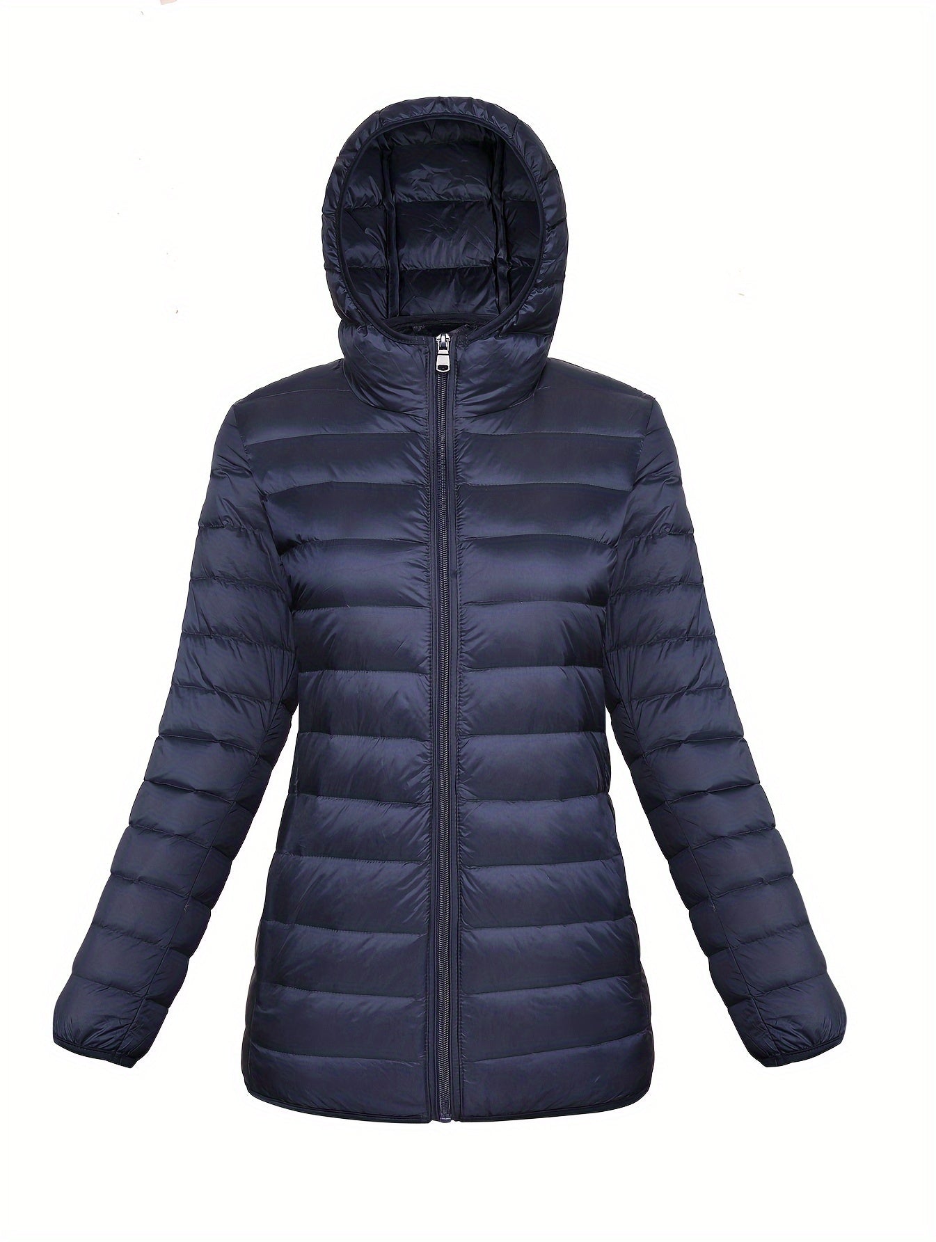 Women's Casual Hooded Puffer Jacket - Long Sleeve, Winter Warmth, Nylon Outdoor Down Coat with Zip-Up Front