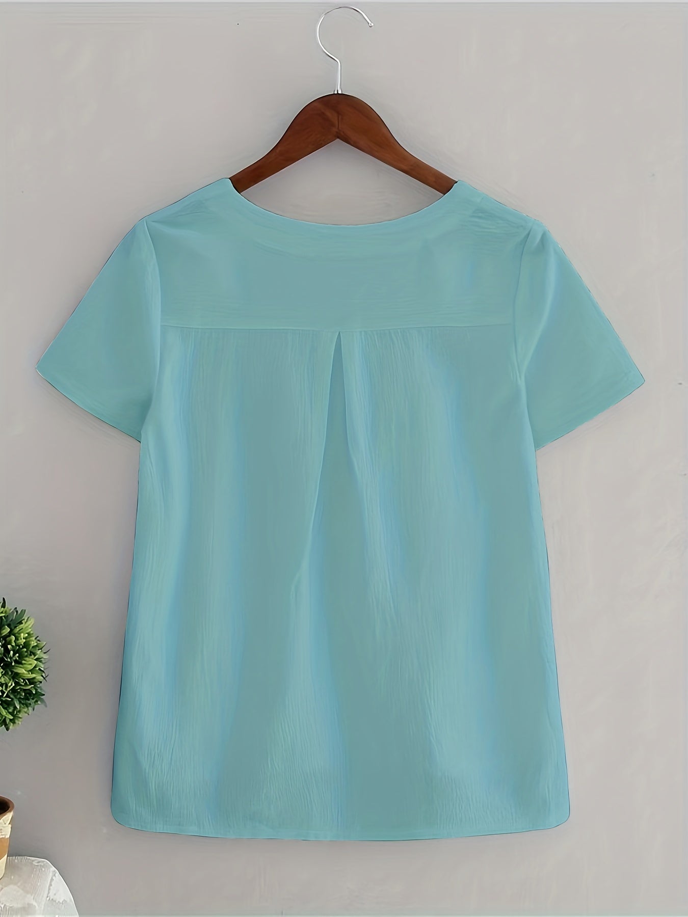 「lovevop」Solid V Neck Blouse, Casual Short Sleeve Summer Comfy Blouse, Women's Clothing