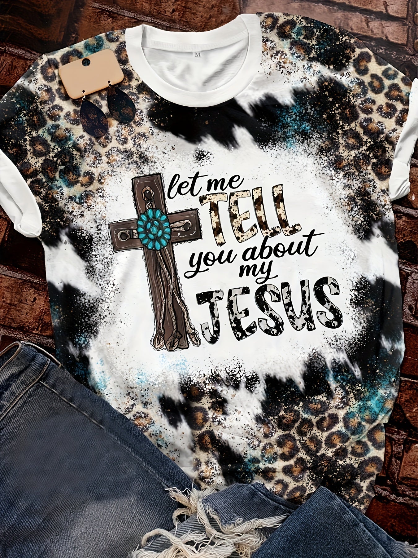 「lovevop」Let Me Tell You About My Jesus Letter & Cross Print T-shirt, Casual Vintage Leopard Short Sleeve T-shirt, Women's Clothing