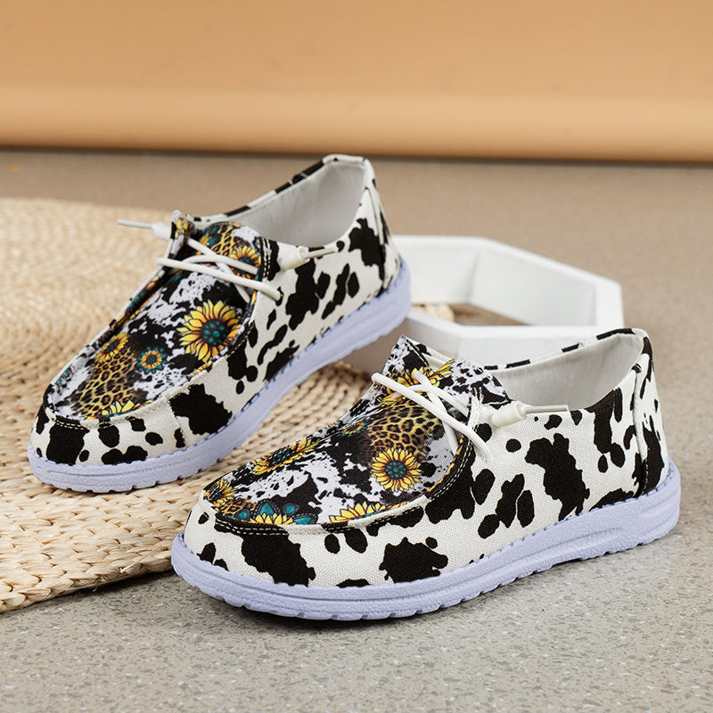 「lovevop」Women's Stylish Sunflower & Cow Print Canvas Shoes - Lightweight & Comfortable Slip Ons!