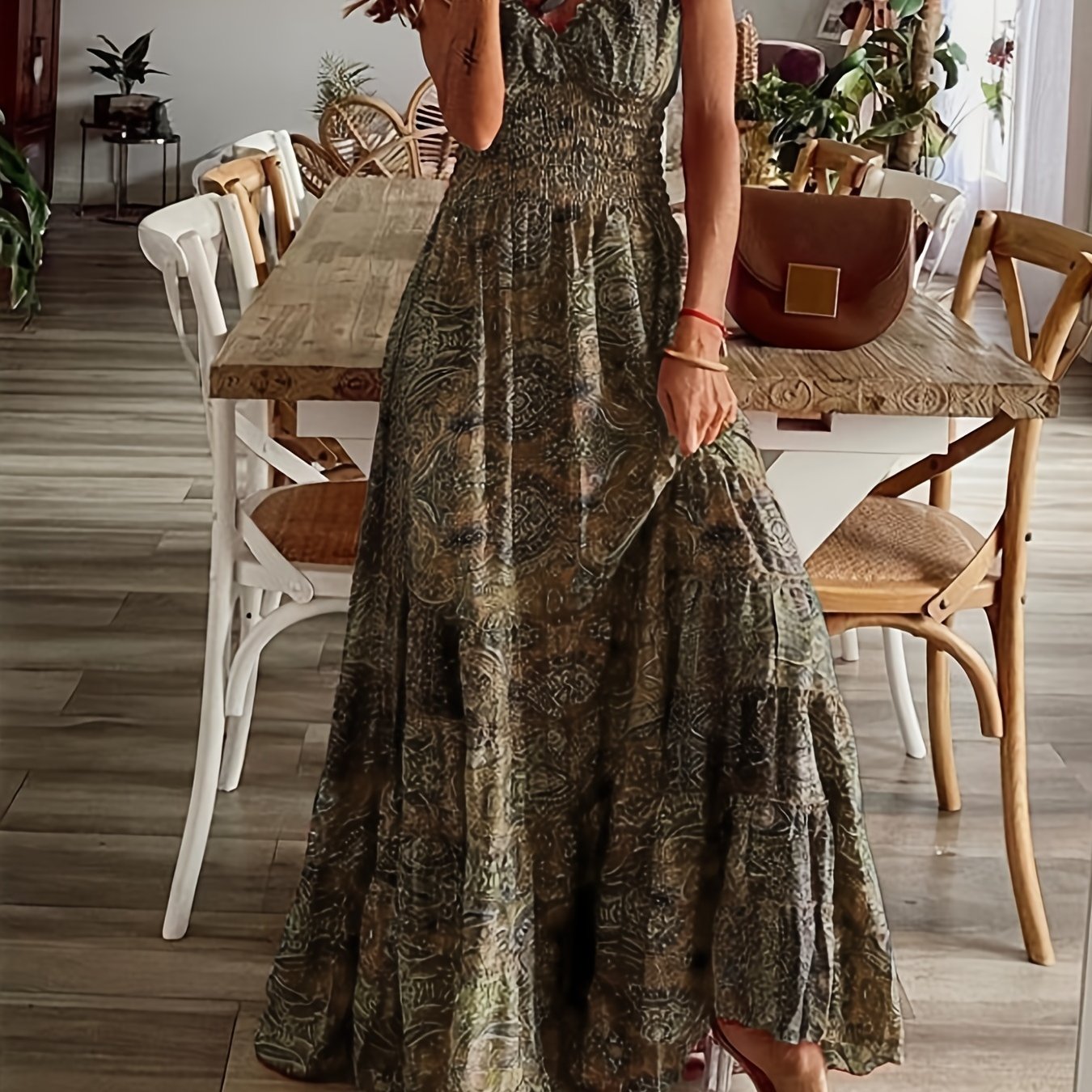 「lovevop」Floral Print Ruffle Neck Long Dress, Boho Short Sleeve Waist Summer Large Swing Dresses, Women's Clothing