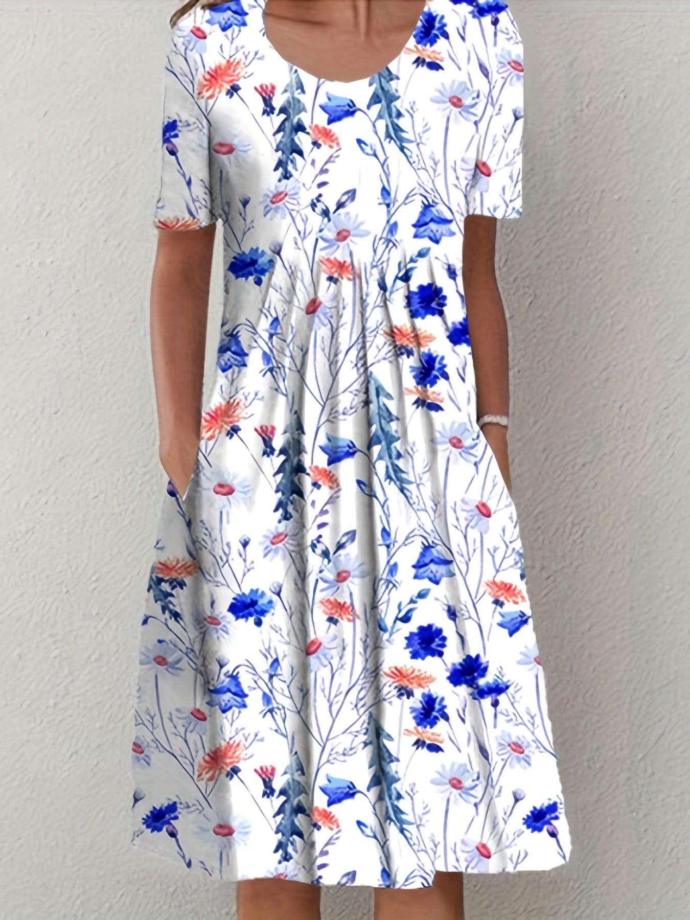「lovevop」Full Printed Ruched Dress, Casual Crew Neck Short Sleeve Dress, Women's Clothing