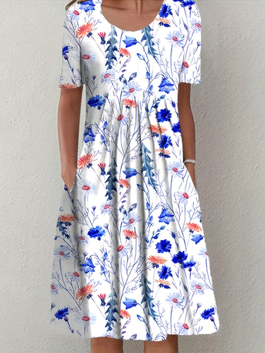 「lovevop」Full Printed Ruched Dress, Casual Crew Neck Short Sleeve Dress, Women's Clothing