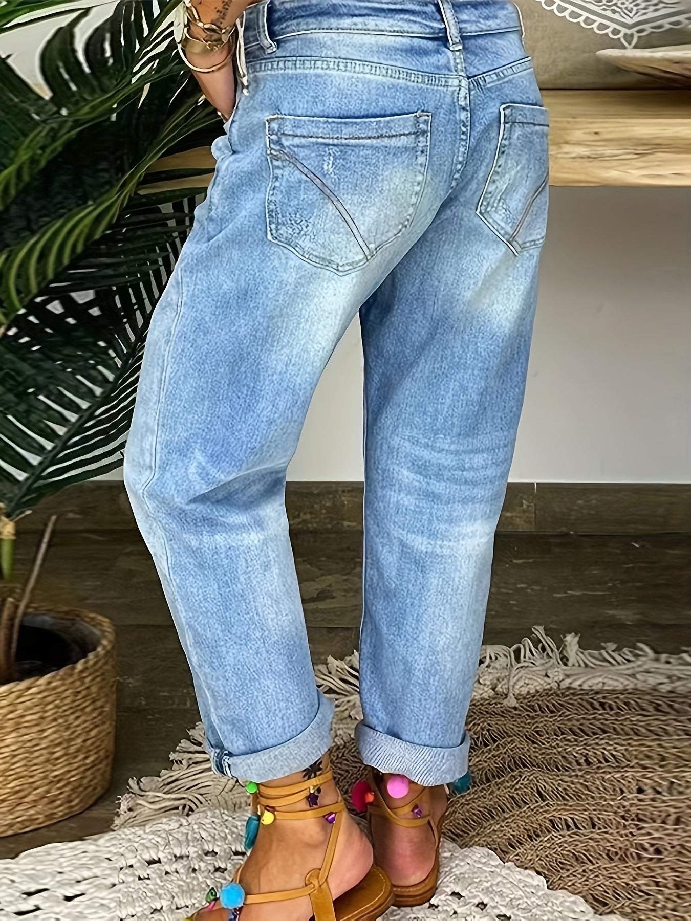 「lovevop」Blue Ripped Holes Straight Jeans, Distressed Single-Breasted Button Loose Fit Denim Pants, Women's Denim Jeans & Clothing