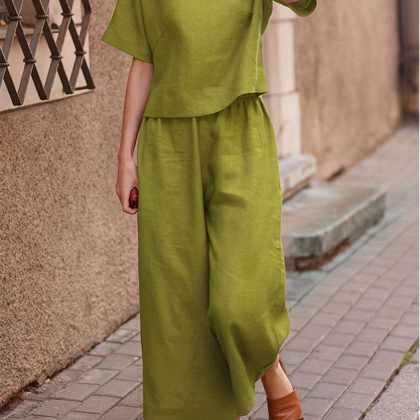 「lovevop」Women's Two-piece Set, Crew Neck Casual T-Shirt & Wide Leg Pants, Women's Clothing