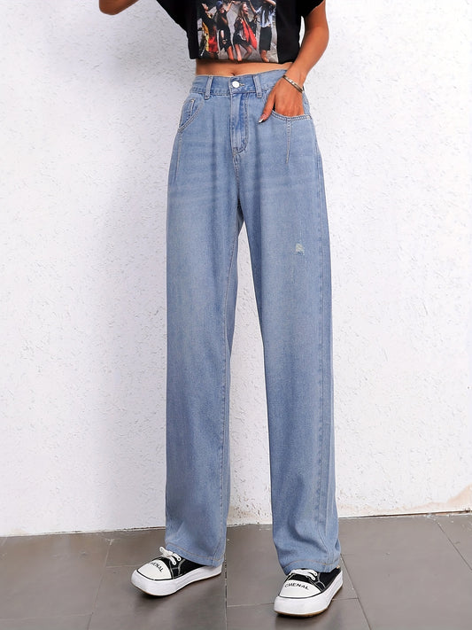「lovevop」Ripped Water Ripple Embossed Denim Pants, Slash Pocket Causal Style Straight Leg Jeans, Essential Pants For Every Day, Women's Denim Jeans & Clothing