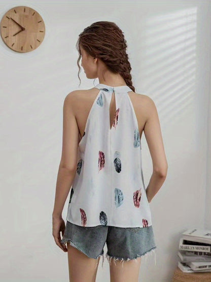 「lovevop」Feather Print Halter Neck Blouse, Elegant Sleeveless Blouse For Summer, Women's Clothing