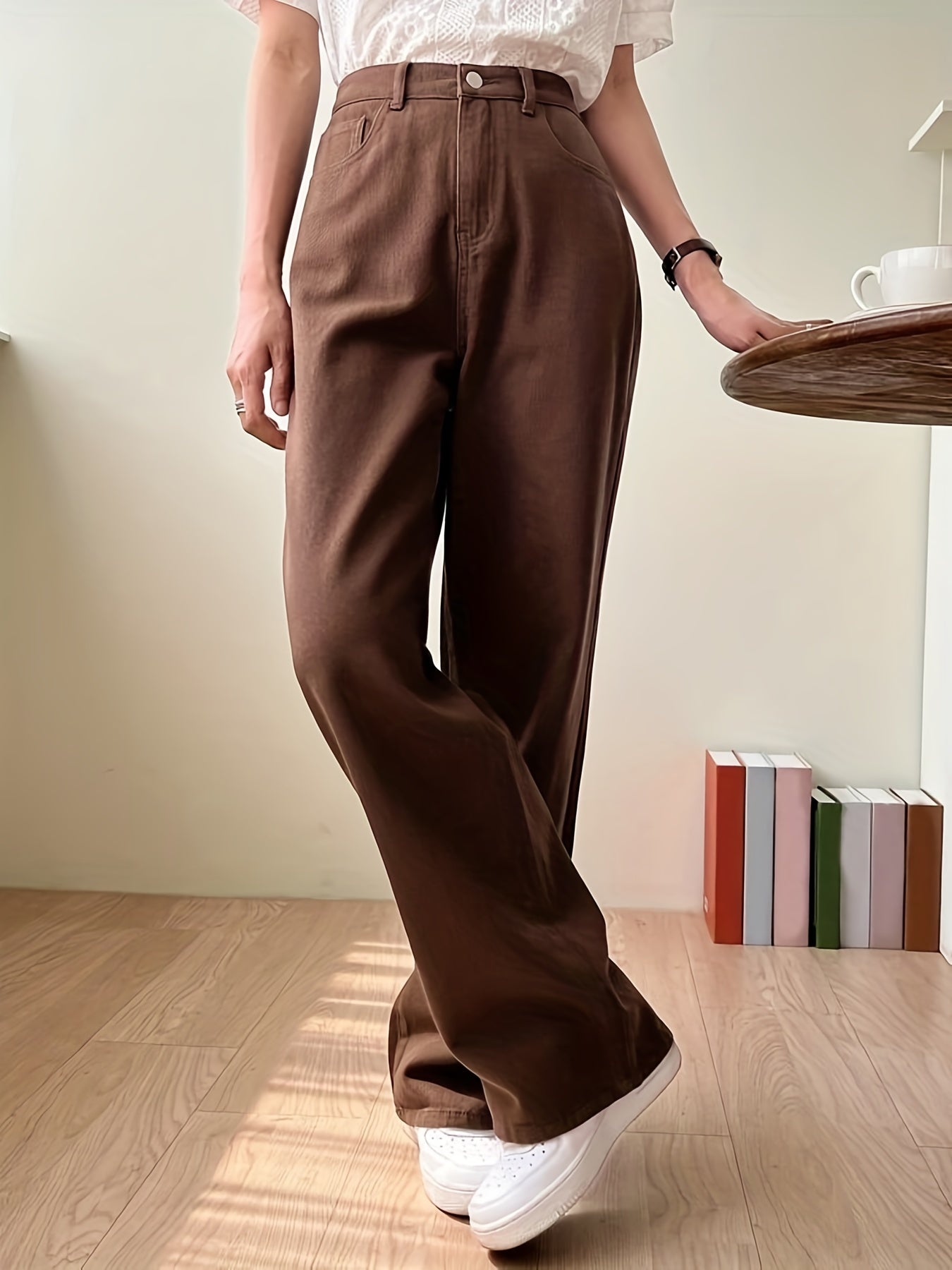 「lovevop」Brown Loose Fit Straight Jeans, Non-Stretch Slash Pockets Casual Denim Pants, Women's Denim Jeans & Clothing