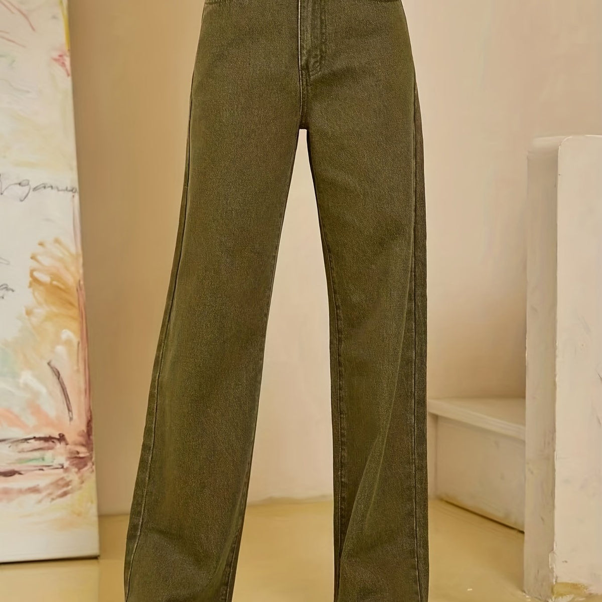 「lovevop」Olive Green Fayed Hem Jeans, Solid Color Slant Pocket Straight Leg Denim Pants, Women's Denim Jeans & Clothing