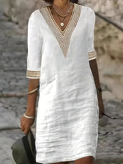 「lovevop」Solid Guipure Lace V-neck Dress, Elegant Contrast Trim Dress For Spring & Summer, Women's Clothing