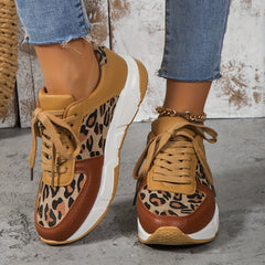 「lovevop」Women's Leopard Pattern Lace-up Chunky Sneakers, Anti-slip Sports Shoes, Lightweight Low Top Sneakers