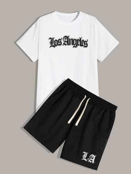 「lovevop」Los Angeles, Men's 2 Pieces Outfits, Round Neck Short Sleeve T-Shirt And Drawstring Shorts Set