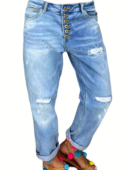 「lovevop」Blue Ripped Holes Straight Jeans, Distressed Single-Breasted Button Loose Fit Denim Pants, Women's Denim Jeans & Clothing