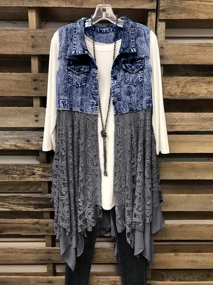 Lovevop-Lace High Low Trim Denim Vest Dress, Flap Pockets Raw Hem Lady Distressed Vest Dress, Women's Denim & Clothing