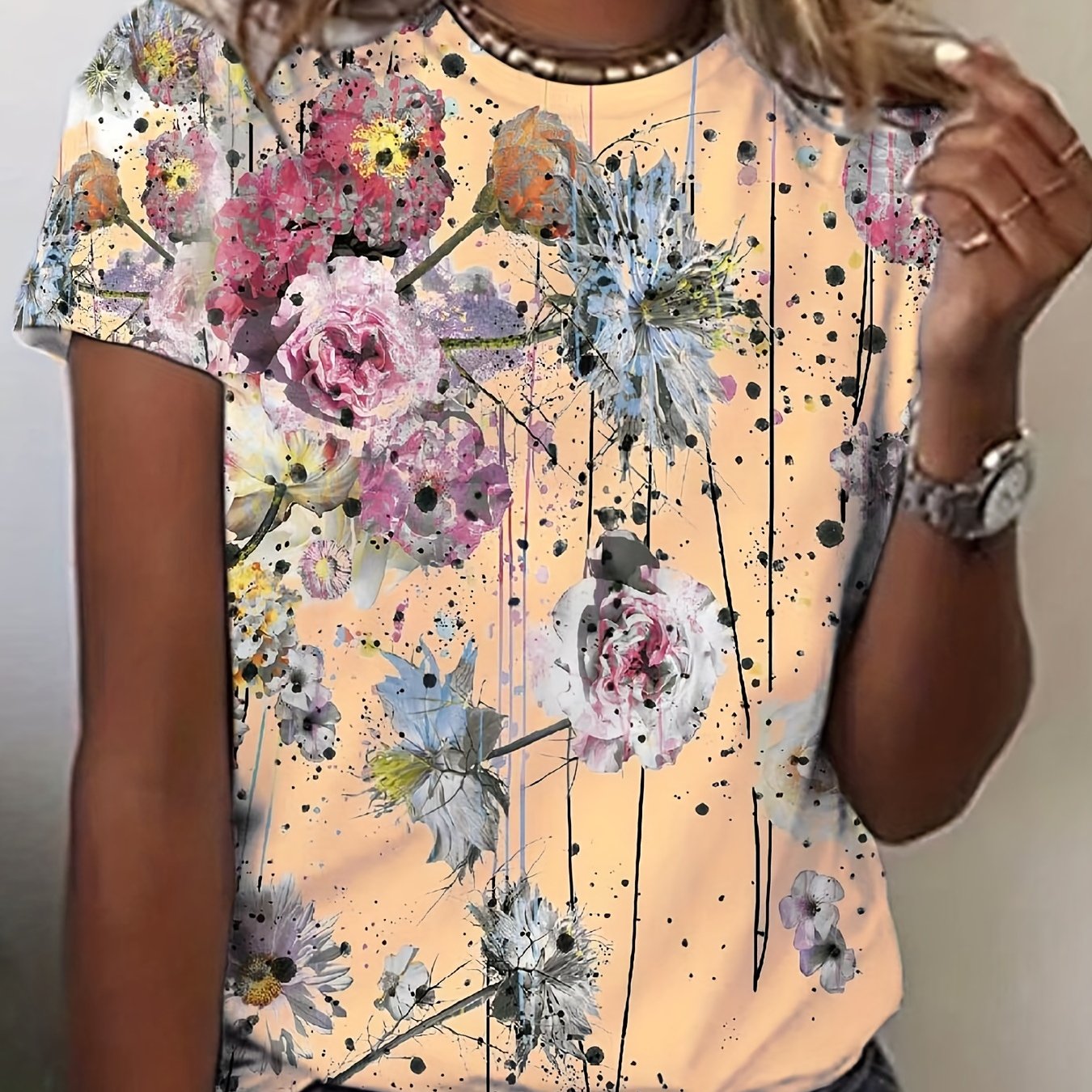 「lovevop」Floral Print Crew Neck T-Shirt, Casual Short Sleeve T-Shirt For Spring & Summer, Women's Clothing