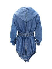 Lovevop-Belted Closure Elastic Band Cuff Denim Hooded Jackets, Elastic Belt Non Button Denim Coats, Women's Denim Jackets & Coats, Women's Clothing