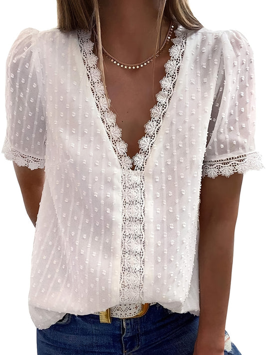 「lovevop」Swiss Dot Lace Contrast Eyelet Blouse, Elegant V Neck Short Sleeve Blouse For Spring & Summer, Women's Clothing