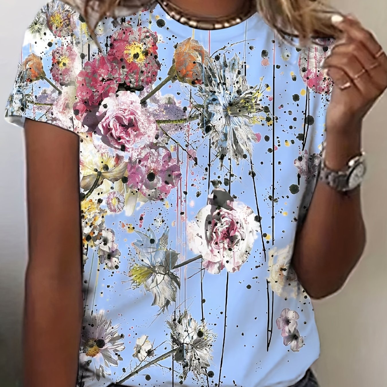 「lovevop」Floral Print Crew Neck T-Shirt, Casual Short Sleeve T-Shirt For Spring & Summer, Women's Clothing