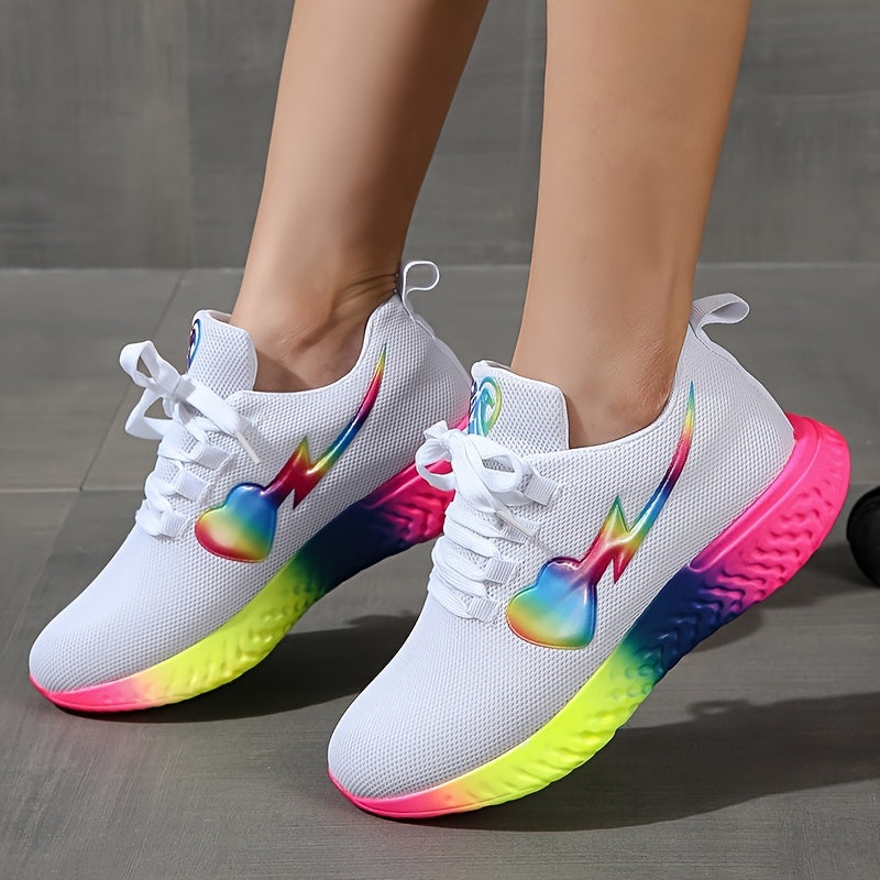 「lovevop」Women's Rainbow Sole Flying Woven Sneakers, Breathable Mesh Lace-Up Running Shoes, Women's Footwear