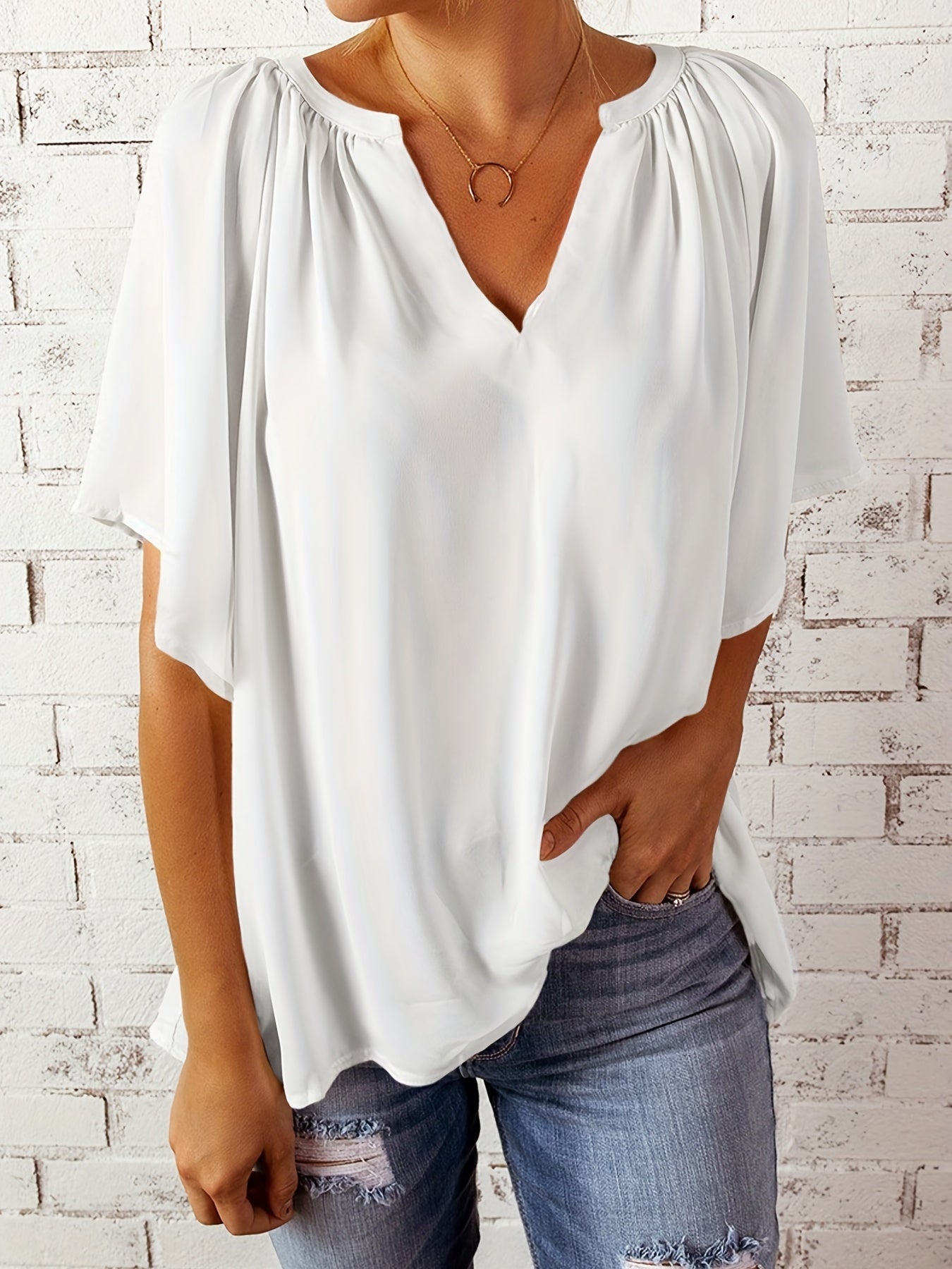 「lovevop」Notched Neck Loose Blouse, Casual Top For Summer & Spring, Women's Clothing