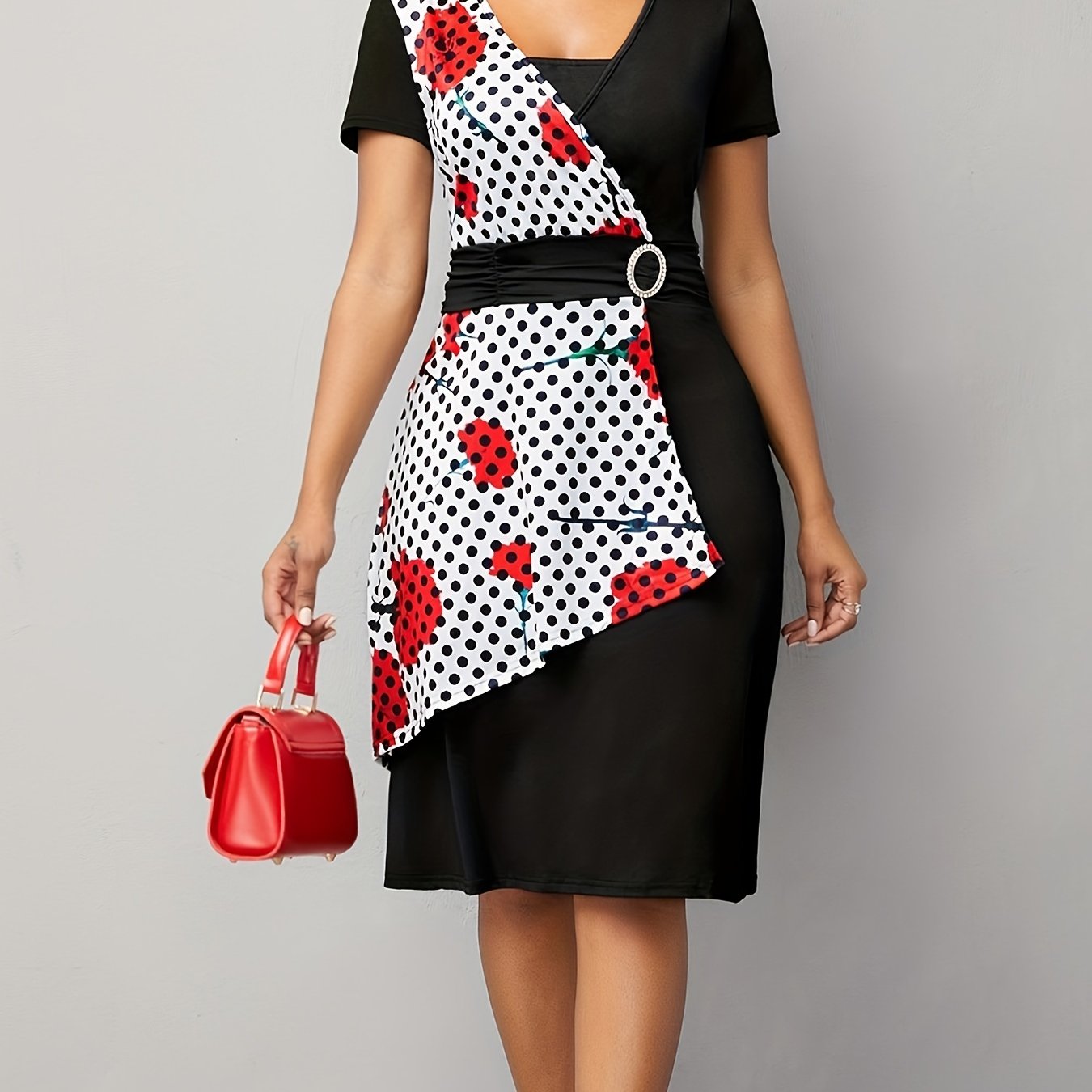 「lovevop」Asymmetrical V Neck Dress, Vintage Short Sleeve Slim Waist Comfy Dress, Women's Clothing