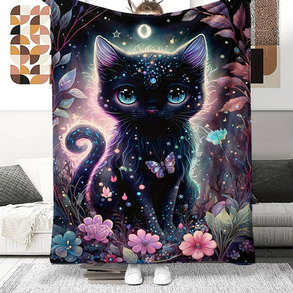 1pc Black Cat Super Soft And Comfortable Flannel Blanket, Lightweight Plush Blanket, Warm Plush Blanket, Suitable For Couch, Sofa, Bed Halloween Christmas Gifts