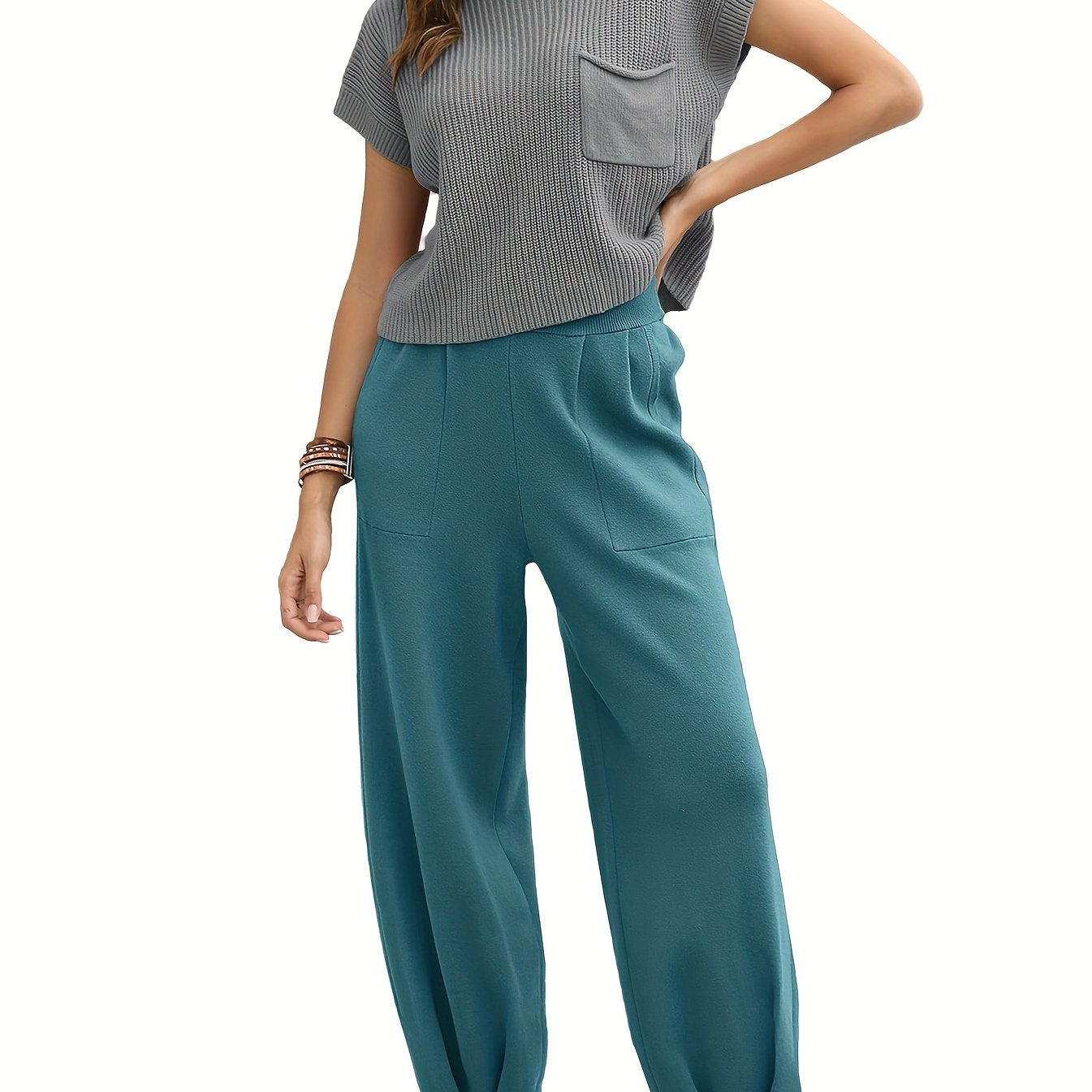 Two-Piece Jogger Pants Set - Soft, Elegant, Short Sleeve Pocket Knit Top & Loose Fit Pants Outfit - Comfortable, Versatile, and Chic Women's Clothing for Everyday Wear