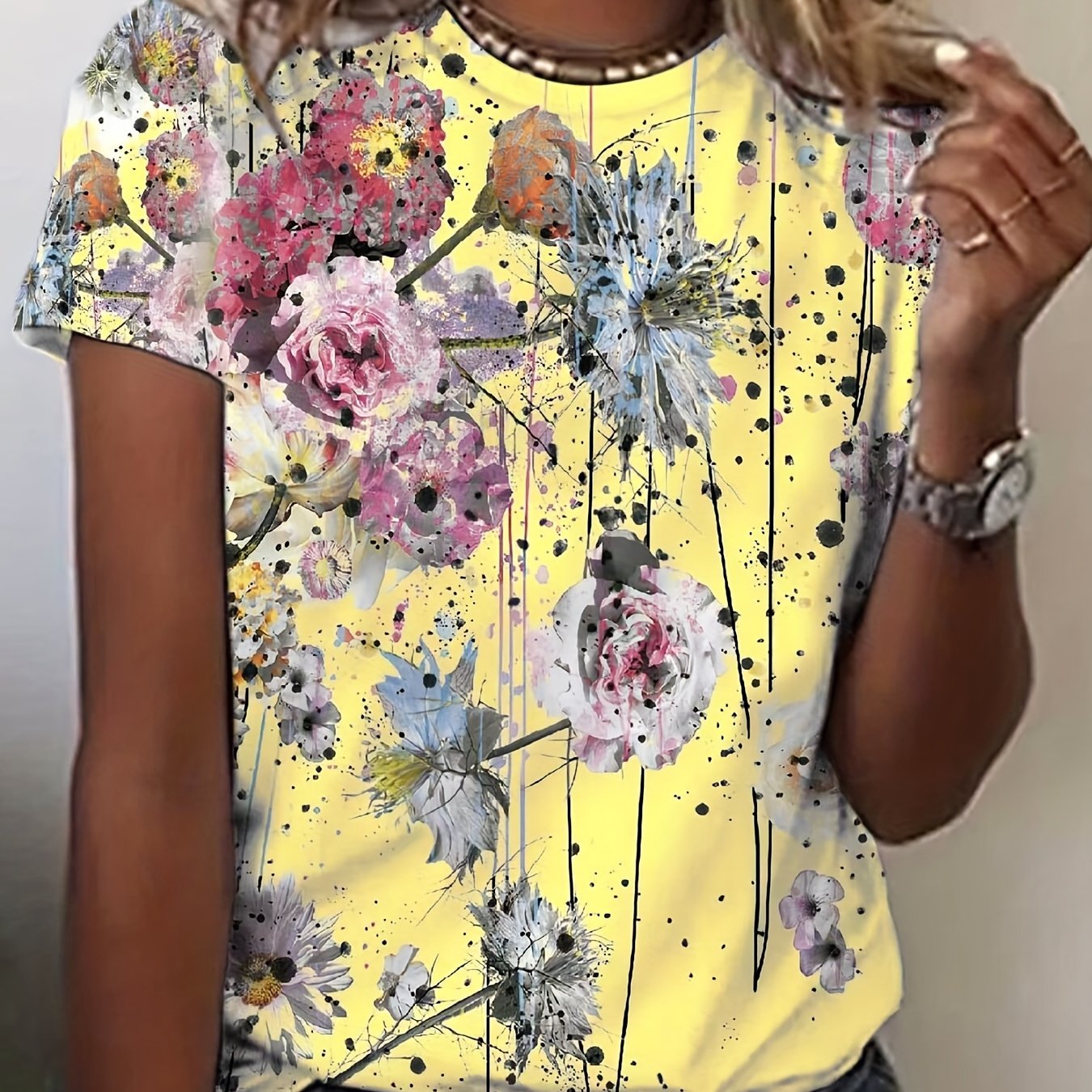「lovevop」Floral Print Crew Neck T-Shirt, Casual Short Sleeve T-Shirt For Spring & Summer, Women's Clothing