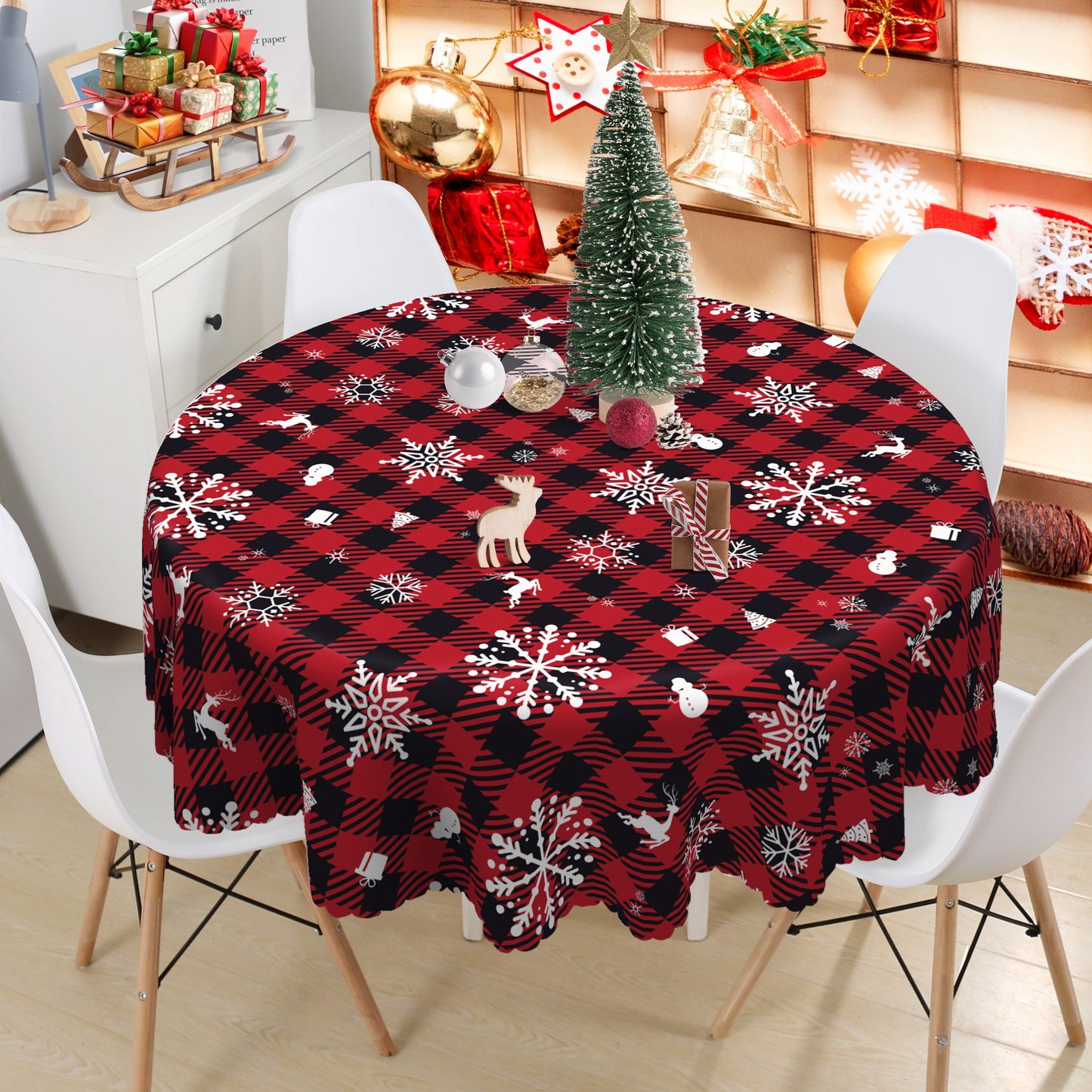 1pc Round Merry Christmas Tablecloth - Waterproof Stain Wrinkle Free Circle Tablecover for Indoor Outdoor Home Kitchen Dining Party Decoration - Farmhouse Reindeer Snowflakes Christmas Decor