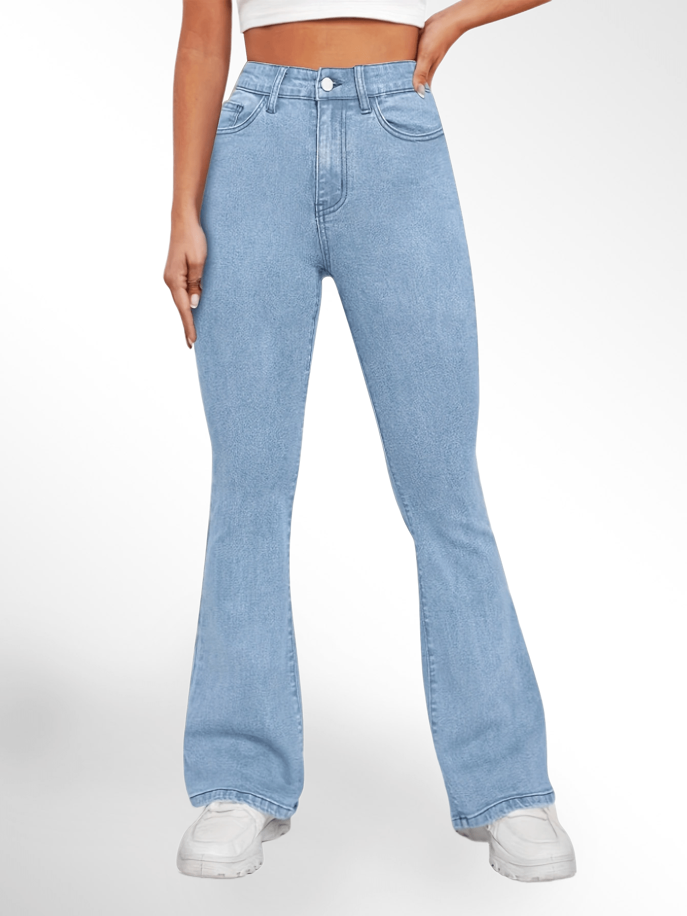 「lovevop」High Waist High Strech Light Blue Bootcut Jeans, Zipper Button Closure Flare Leg Causal Denim Pants, Women's Denim Jeans & Clothing