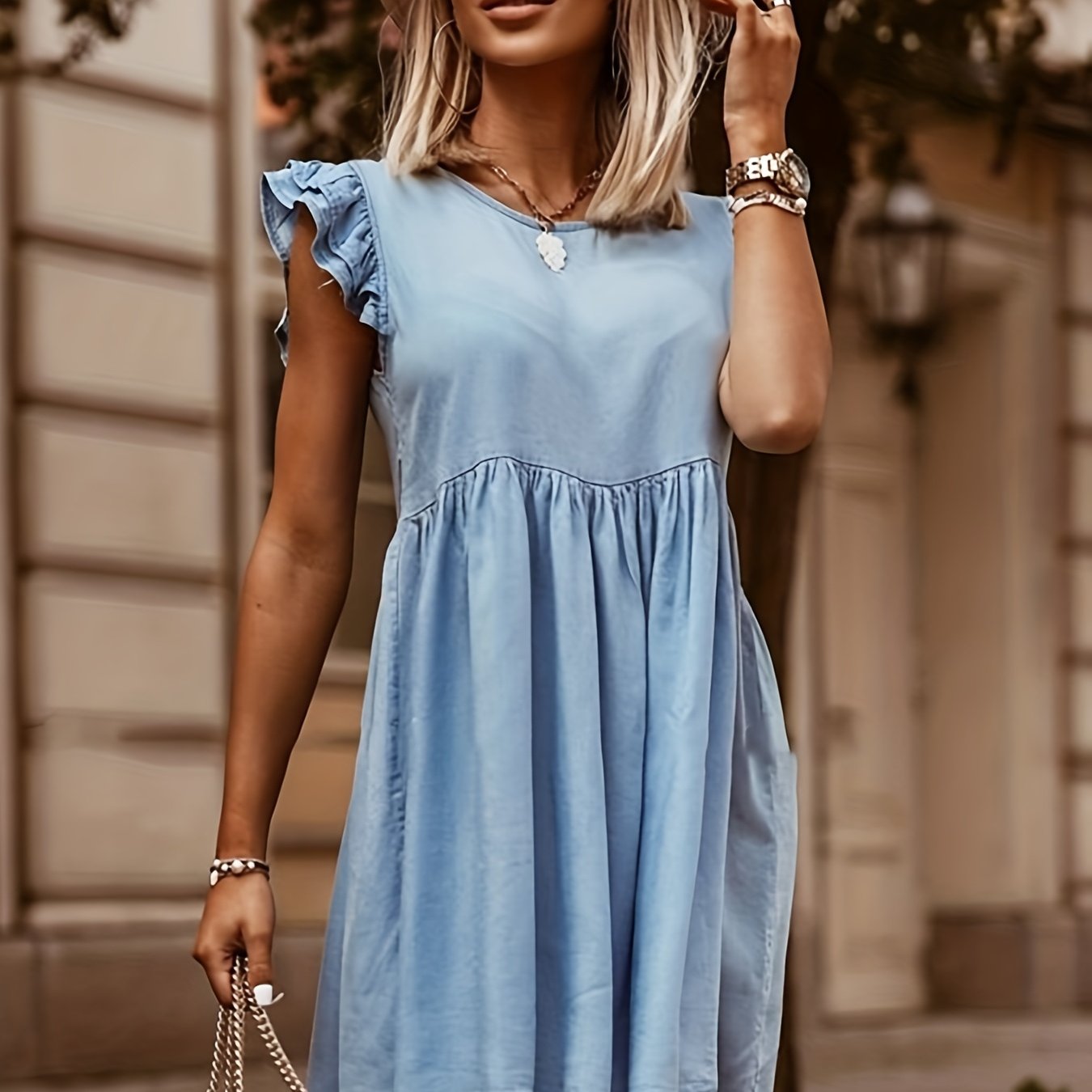 Lovevop-Sky Blue Ruffle Denim Dresses, Round Neck Loose Fit Back Single-Breasted Button Casual Denim Dresses, Women's Denim Clothing