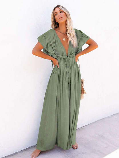 「lovevop」Ruched Plunging Dress, Vacation Beach Solid Drawstring Ruffle Trim Maxi Dress, Women's Clothing