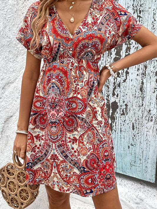 「lovevop」Ethnic Floral Print Dress, Boho High Waist V Neck Short Sleeve Dress, Women's Clothing