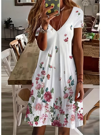 「lovevop」Floral Print Short Sleeve Dress, V Neck Casual Dress For Summer & Spring, Women's Clothing