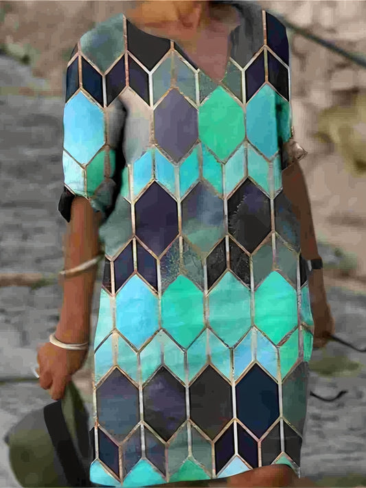 「lovevop」Multicolor Print V-neck Long Dress, Mature Loose Crop Sleeve Waist Spring Fall Long Dresses, Women's Clothing