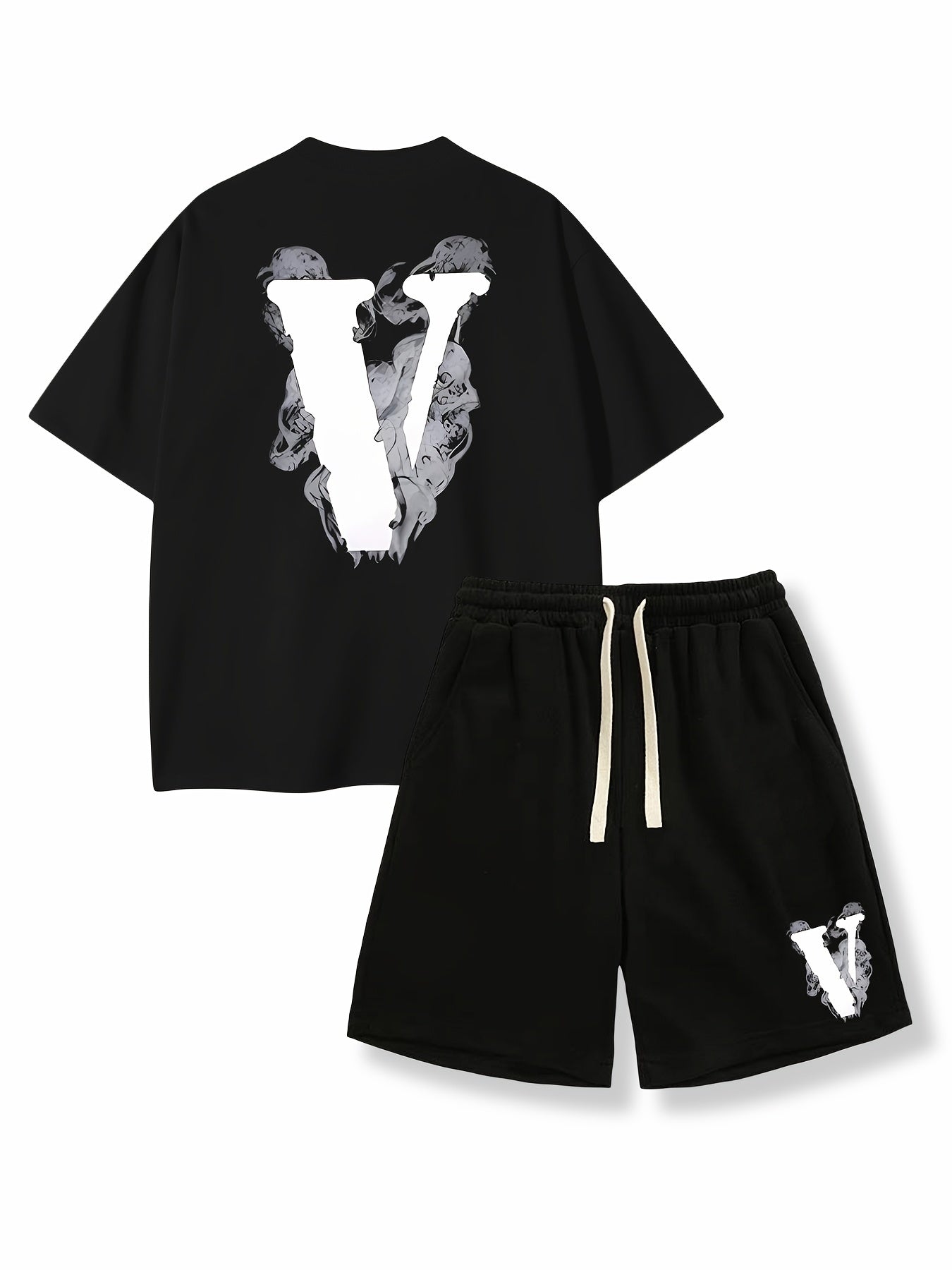 「lovevop」Men's Crew Neck Short Sleeve T-shirt Summer Letter V Print Drawstring Shorts Two-piece Suit