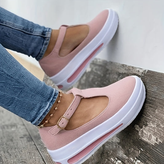 「lovevop」Women's Buckle Strap Platform Rocker Shoes, Solid Color Non-slip Cut-out Walking Shoes, Casual T-strap Shoes