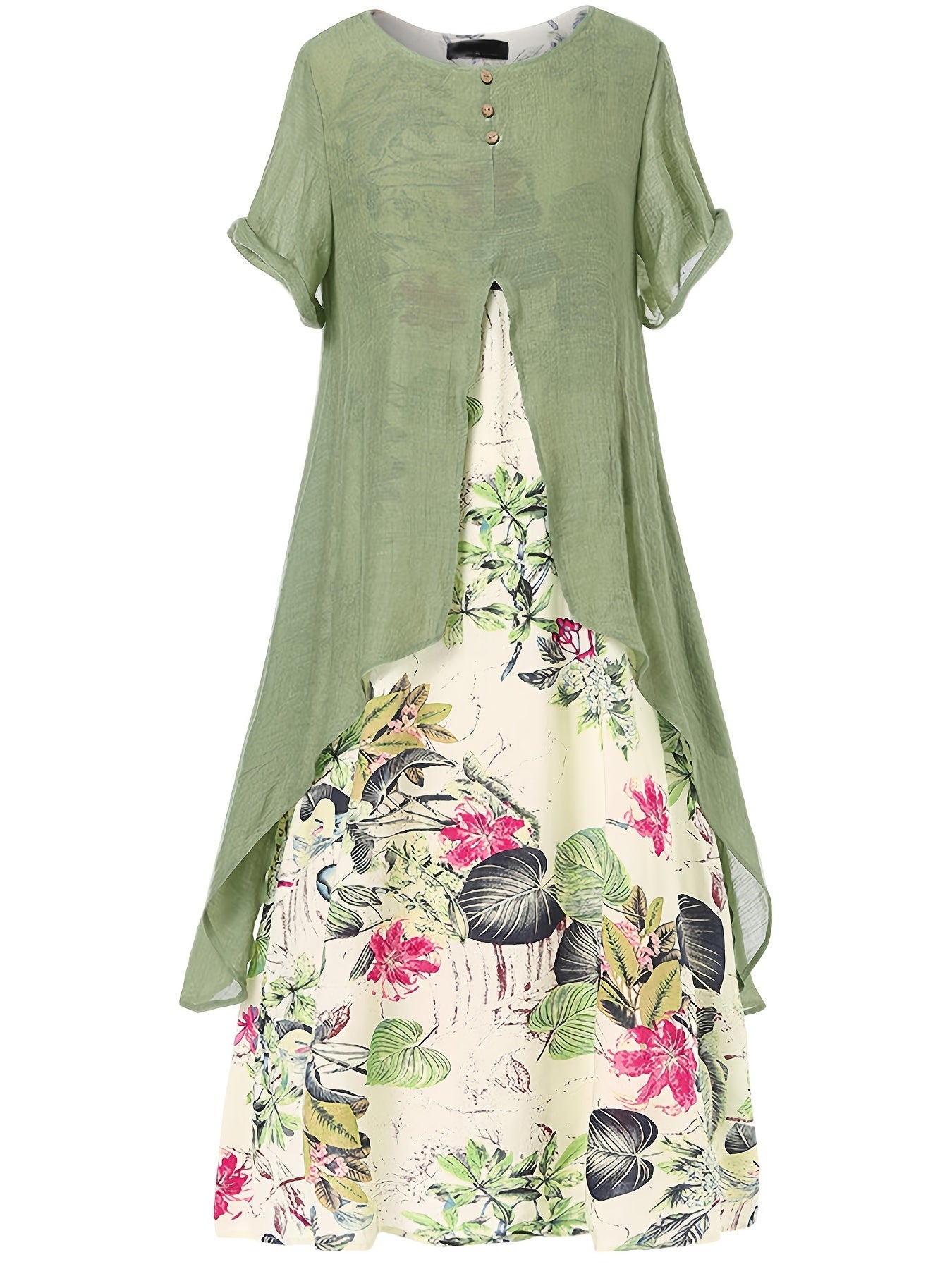 「lovevop」Casual Asymmetrical Floral Print Dress, Crew Neck Short Sleeve Dress, Casual Every Day Dress, Women's Clothing
